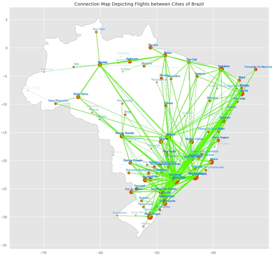 Connection Map Depicting Flights between Cities of Brazil